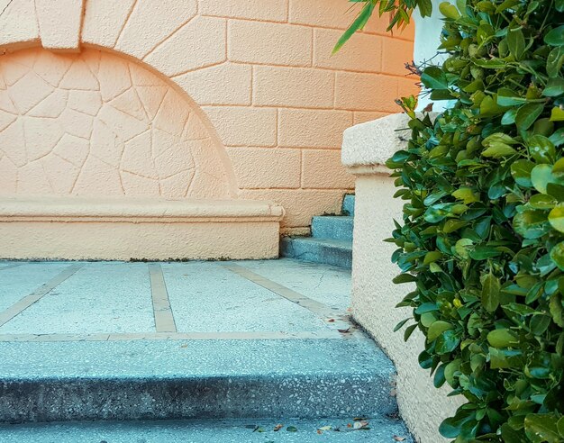 Beautiful stone arch in the wall on the landing of the stairs with green plants