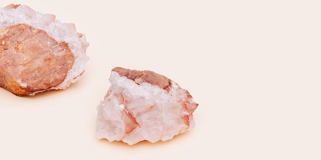 Photo beautiful stone calcite mineral on light background.