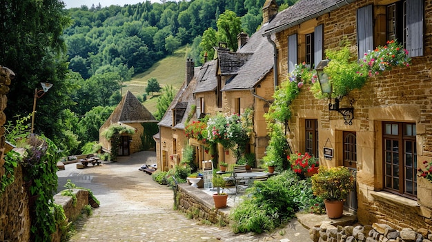 Foto un bellissimo cottage in pietra con un giardino pieno di fiori il cottage ha un e persiane in legno il giardino è pieno di fieri colorati e piante