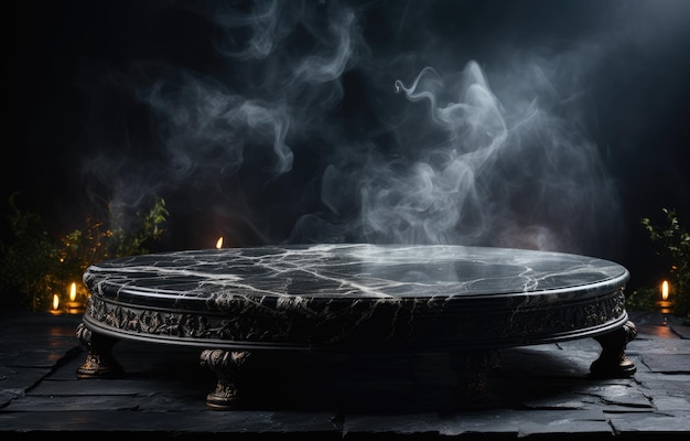 Фото Красивая каменная пустая темная платформа на фоне дыма и тумана