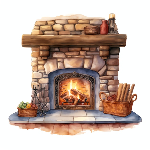 beautiful Stone fireplace with a cozy rug in front Rustic cottagecore watercolor cozy clipart
