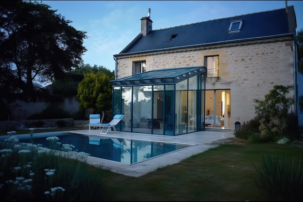 Photo beautiful stone house french style with veranda and pool generative ai