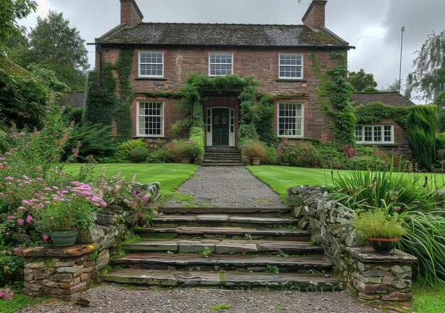 Photo a beautiful stone house with a garden full of flowers