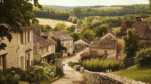 Photo a beautiful stone village nestled in the countryside the houses are made of honeycolored stone and have steep roofs to keep out the rain