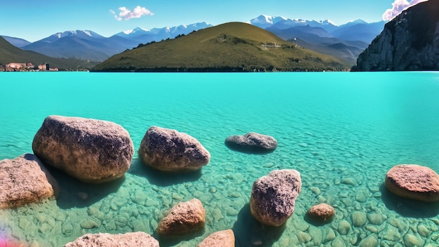 Beautiful stones under the turquoise water of a lake and hills in the background