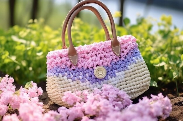 Beautiful straw bag with flowers of hyacinth and carnation blossom