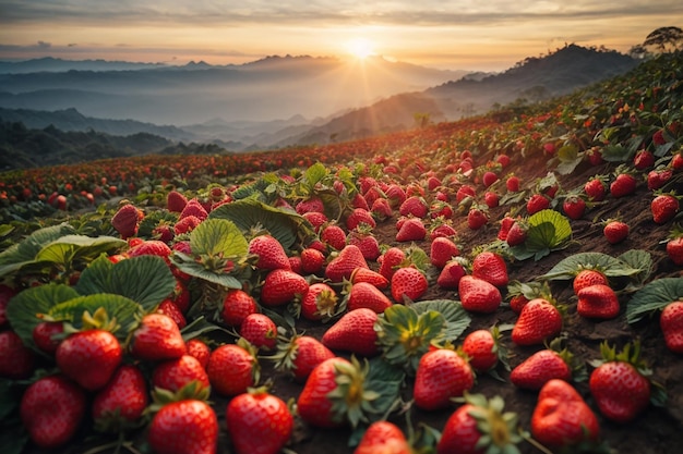 Beautiful strawberry garden and sunrise on doi ang khang chiang mai thailand