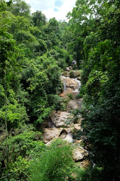 Beautiful stream flowing on the rocks of tropical rainforest in national park at Thailand