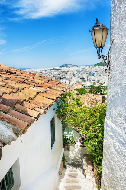 Beautiful street in Athens, Greece. Selective focus. National cycladic architecture in the ancient district of Plaka