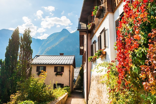 Beautiful street in Hallstatt village in Austrian Alps