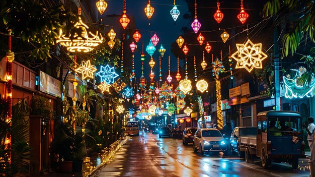 A beautiful street scene with colorful lights hanging overhead