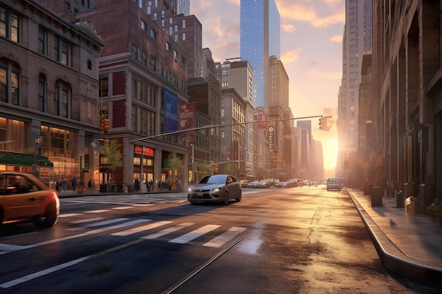 beautiful street view in the city at sunset