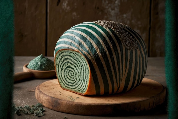 Beautiful stripy homemade bread with dark green flour and grains