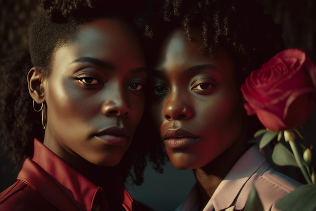 Beautiful strong black woman couple with red flowers