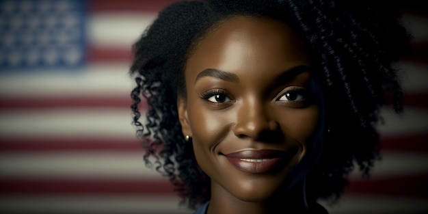 Beautiful strong black woman with American flag background