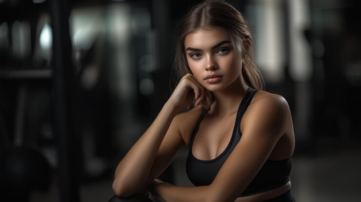 Photo beautiful strong young woman in sportswear confidently posing at the gym