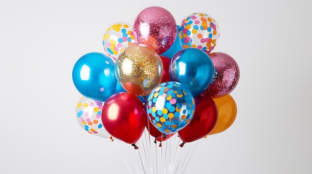 A beautiful studio shot of a bunch of colorful balloons with shiny confetti inside them The balloons are red blue yellow green pink and orange