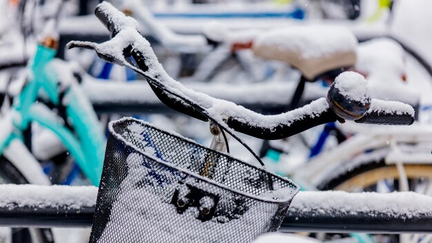 Beautiful style bike in snow after high snowfall in Europe.