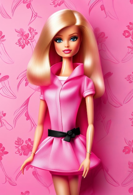 Beautiful stylish barbie doll in trendy outfit stands against a pink background