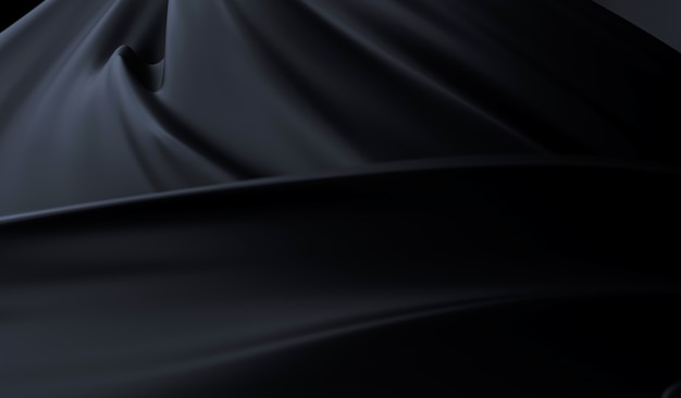 beautiful stylish black background with developing, flying cloth. black background with drapery and folds of silk. smooth elegant black silk or satin texture. luxury background design. 3d rendering.