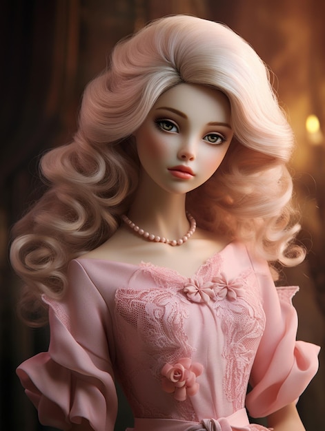 ピンクのドレスを着た美しいスタイリッシュな金の人形
