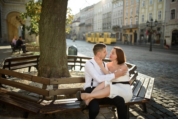 Beautiful stylish couple on a date on the streets in the old city.