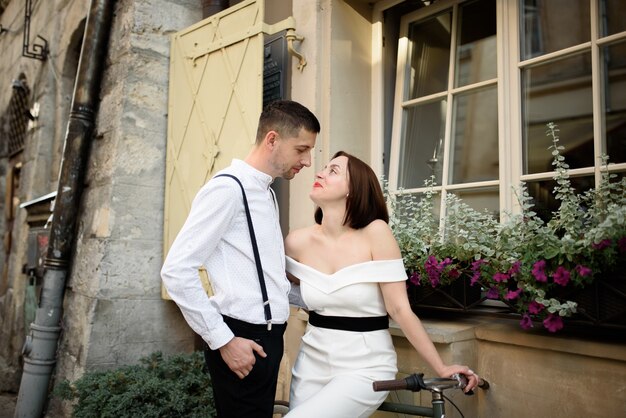 Beautiful stylish couple on a date on the streets in the old city