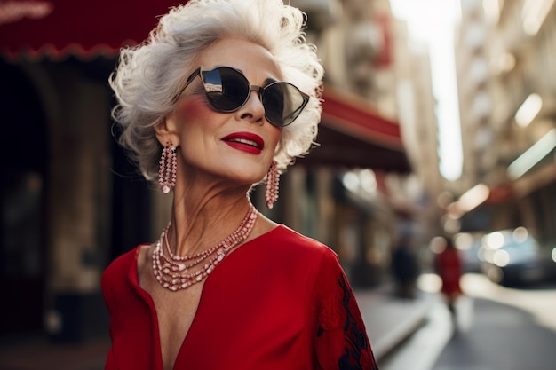 Beautiful stylish elderly woman wears red lipstick sunglasses and evening dress Street fashion