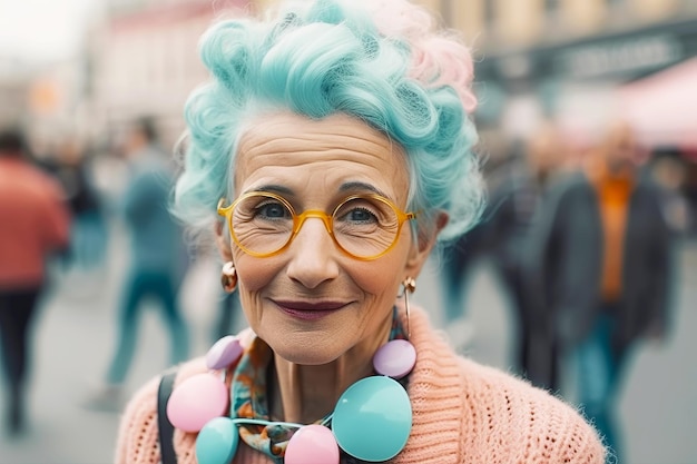Красивая и стильная пожилая женщина с синими волосами