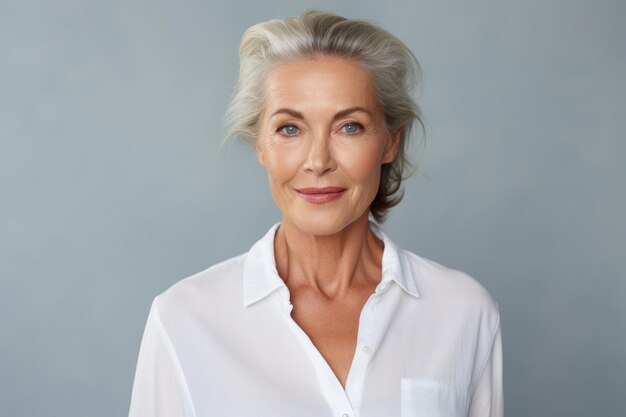 Photo beautiful stylish elderly woman with short grey hair on blue trendy background generative ai