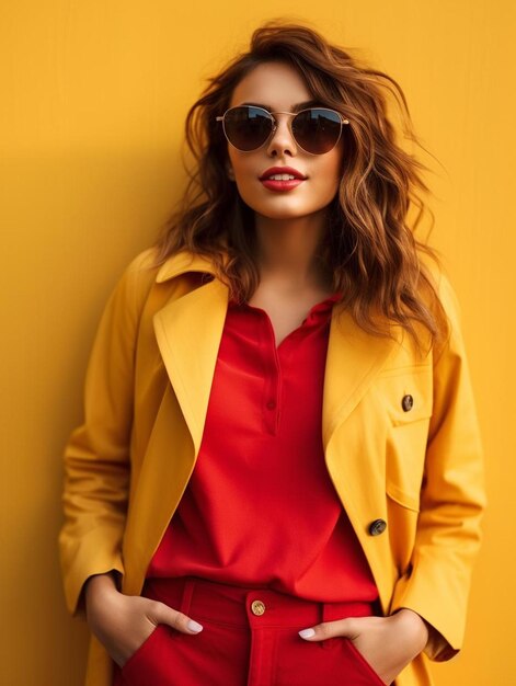 beautiful stylish girl in coral jacket and sunglasses posing on yellow with copy space