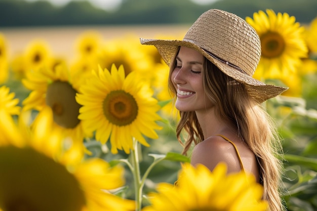 Beautiful and stylish girl in a field wirh sunflowers