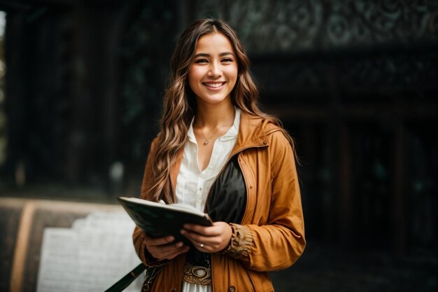 beautiful stylish hipster girl smiling in sunny city street holding magazine happy gorgeous woman portrait dressed in fashionable outfit relaxing and enjoying time in european city