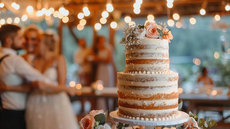 美しくて麗な結婚式のケーキと をテーブルの上に置いた 結婚式のケーキー