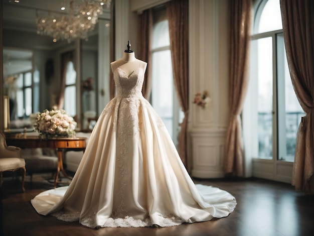 Beautiful stylish wedding dress bridal dress hanging on mannequin in luxury boutique Fashion look