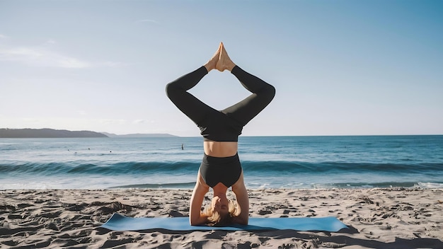 Beautiful stylish woman doing yoga pose handstand with splits on the empty beach young stunning yog