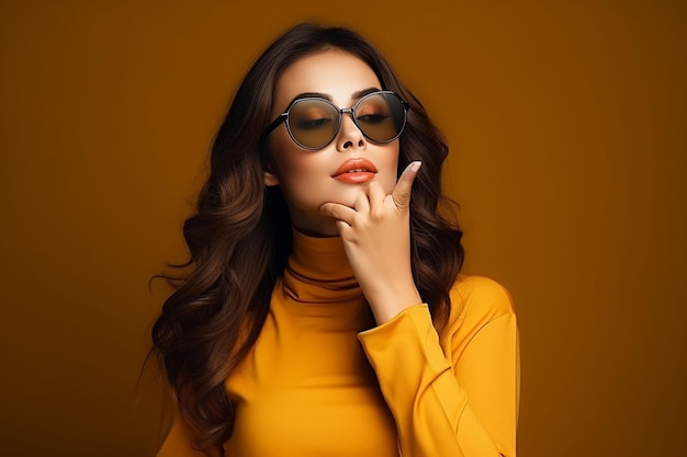 beautiful stylish woman in sun glasses on color wall