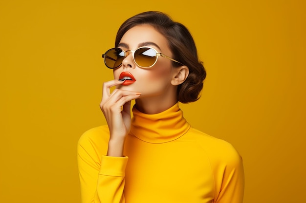 Beautiful stylish woman in sun glasses on color wall