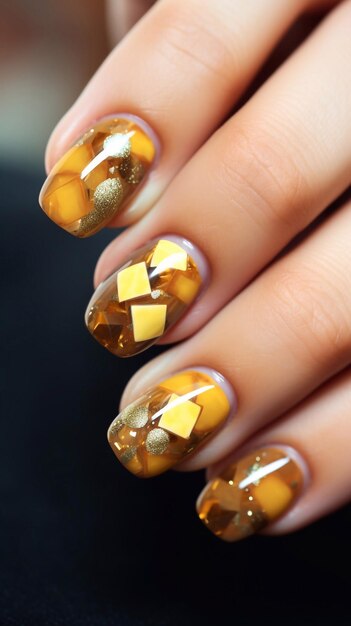 Beautiful and stylish yellow manicure with design Geometric figures with the effect of broken glas