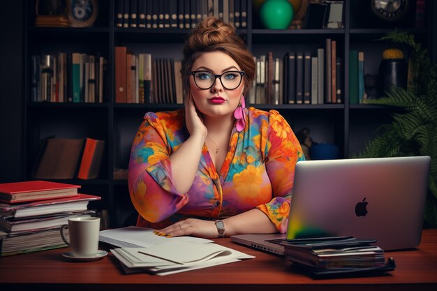 Beautiful and successful overweight businesswoman in a colorful outfit in the office
