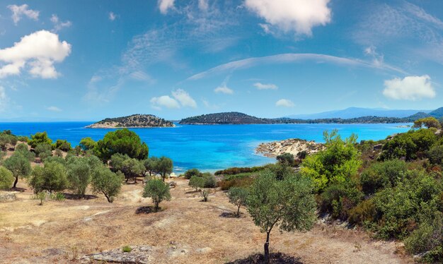 아름 다운 여름에 게 해 해안 풍경 Lagonisi 해변 Halkidiki 그리스 근처 Sithonia