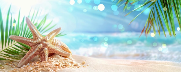 Beautiful summer background with starfish and palm leaves on the beach copy space for text banner design blurred bokeh effect