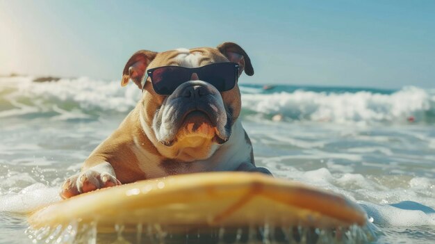 Photo at a beautiful summer beach a bulldog surfing on a surfboard while wearing sunglasses at the seas side sunny day