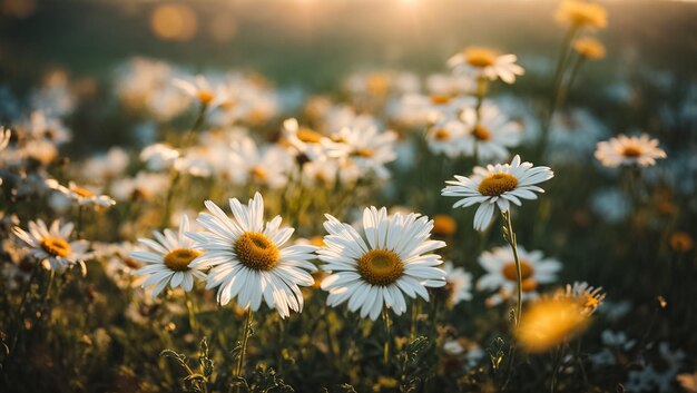 Beautiful summer chamomile flowers on a clearing closeup background