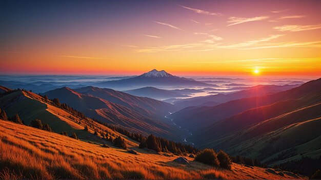 写真 美しい夏のカラフルな谷 夕日と日の出 壮大な美しい山の谷