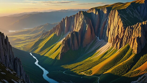 写真 美しい夏のカラフルな谷 夕日と日の出 壮大な美しい山の谷