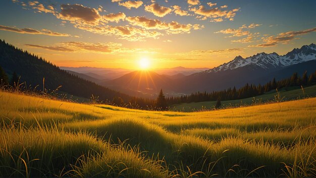 美しい夏のカラフルな谷 夕日と日の出 壮大な美しい山の谷