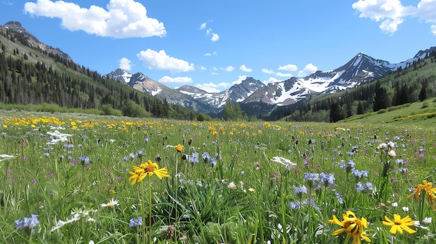 美しい夏の日山の中野の花がき雪に覆われた山頂が遠くに見えます