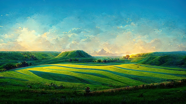 Beautiful summer fields landscape with a dawn green hills bright color blue sky country background