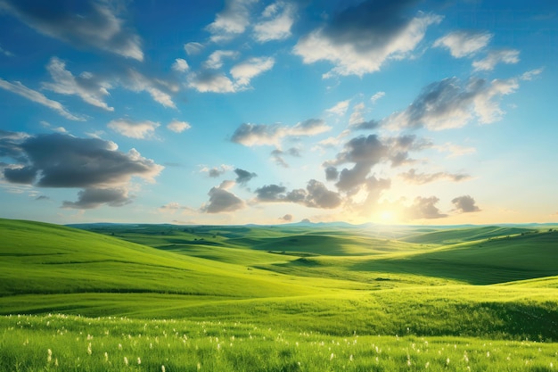 日の出の緑の丘と青空の美しい夏の野原の風景生成 AI